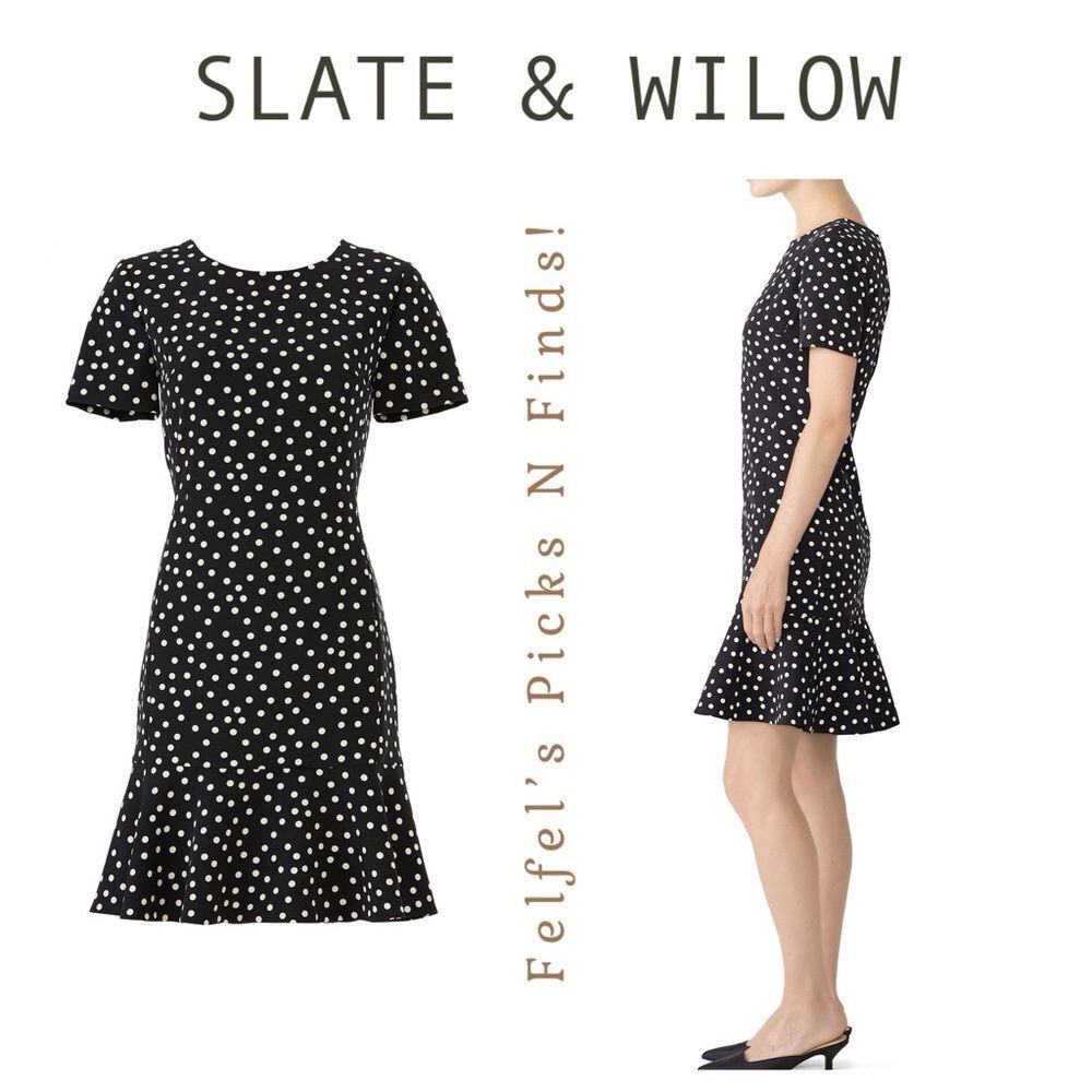 Slate & Willow | Polka Dot Fitted Flare Ruffle Hem Dress -Black & white, Size 10